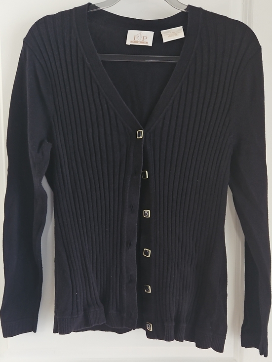 EP Pro Sweaters - EP Black Ribbed V-Neck Cardigan with Gold-Tone Square Buttons